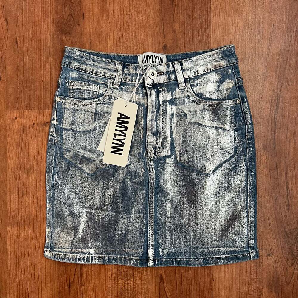 Amy Lynn Silver Metallic Foil Coated Denim Mini Skirt